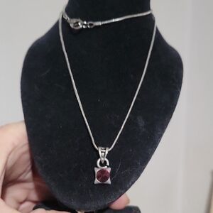 18" Silver Necklace with Red Gemstone